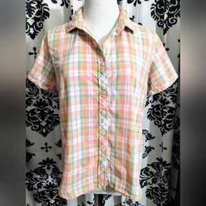 Retro pastel plaid peach blue green button down shirt size L cuffed short sleeve